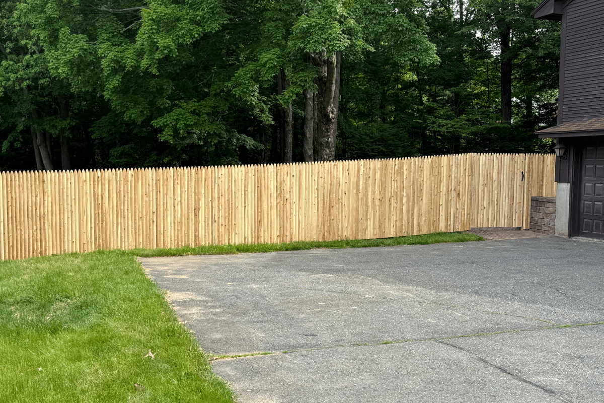 A wooden privacy fence borders a driveway and lawn, with dense green trees in the background and part of a dark brown house and garage visible on the right.