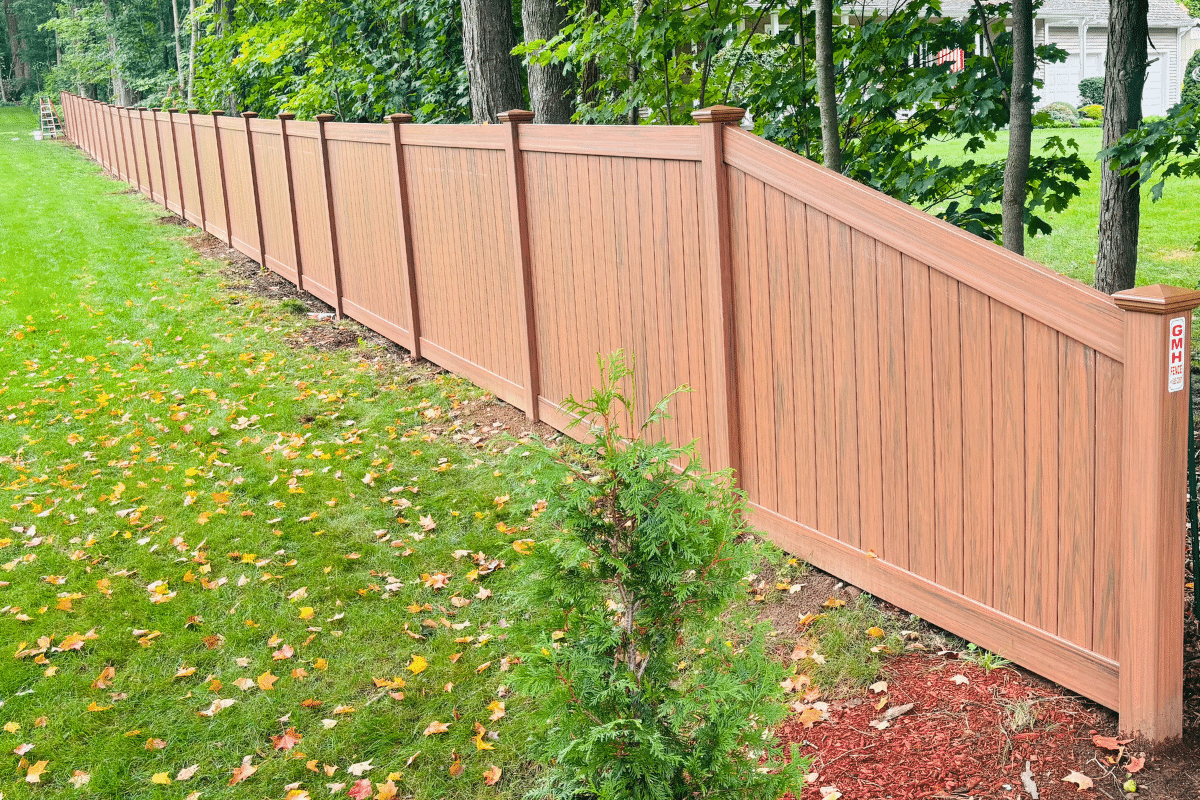 A tall, wooden privacy fence runs along a grassy yard bordered by trees. Fallen leaves are scattered on the grass, and a small shrub is visible in the foreground.